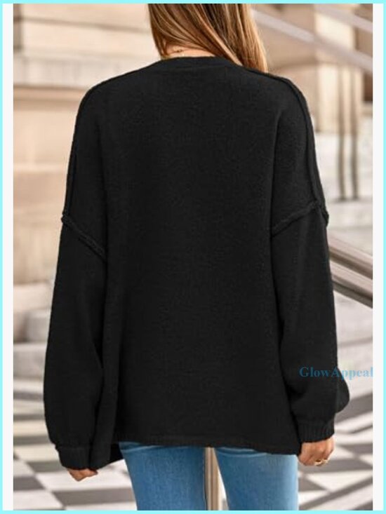 Oversized Chunky Cardigan with Lantern Sleeves and Pockets - Picture 4 of 7